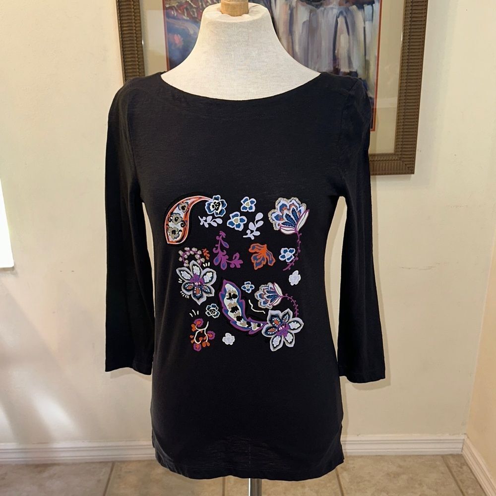 LOFT Charcoal Heathered Floral Graphic Tee w/ 3/4 Sleeves Size XS